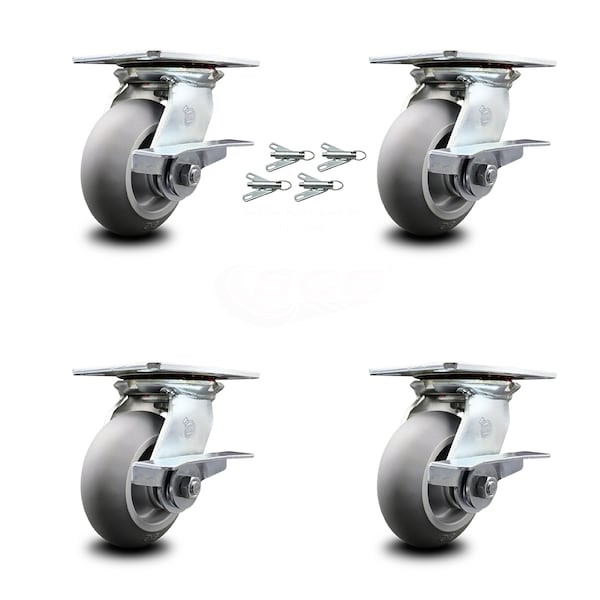 5 Inch Thermoplastic Caster Set with Ball Bearings and Brakes/Swivel Locks SCC